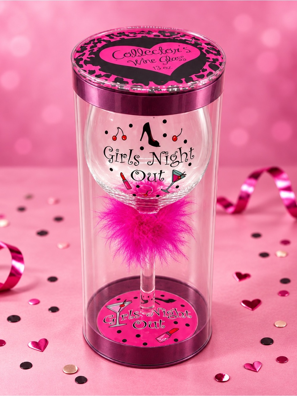3E Design Girls Night Out 13 oz Wine Glass Pink Feather NWT